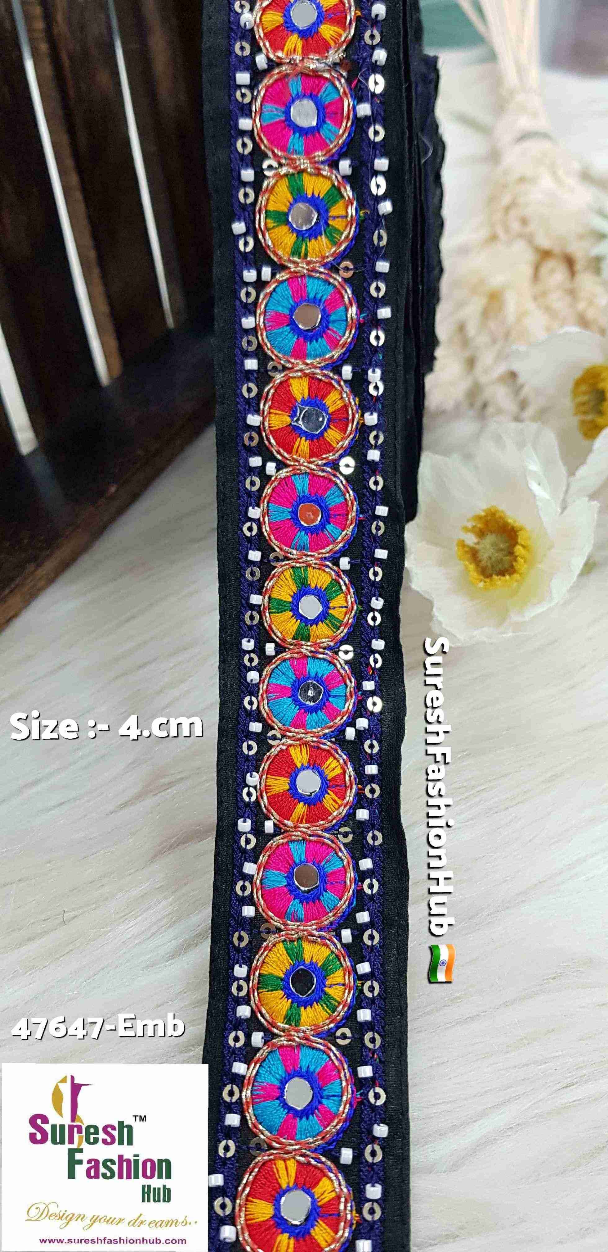  Kutchi Black Mirror and Bead Embroidered Border