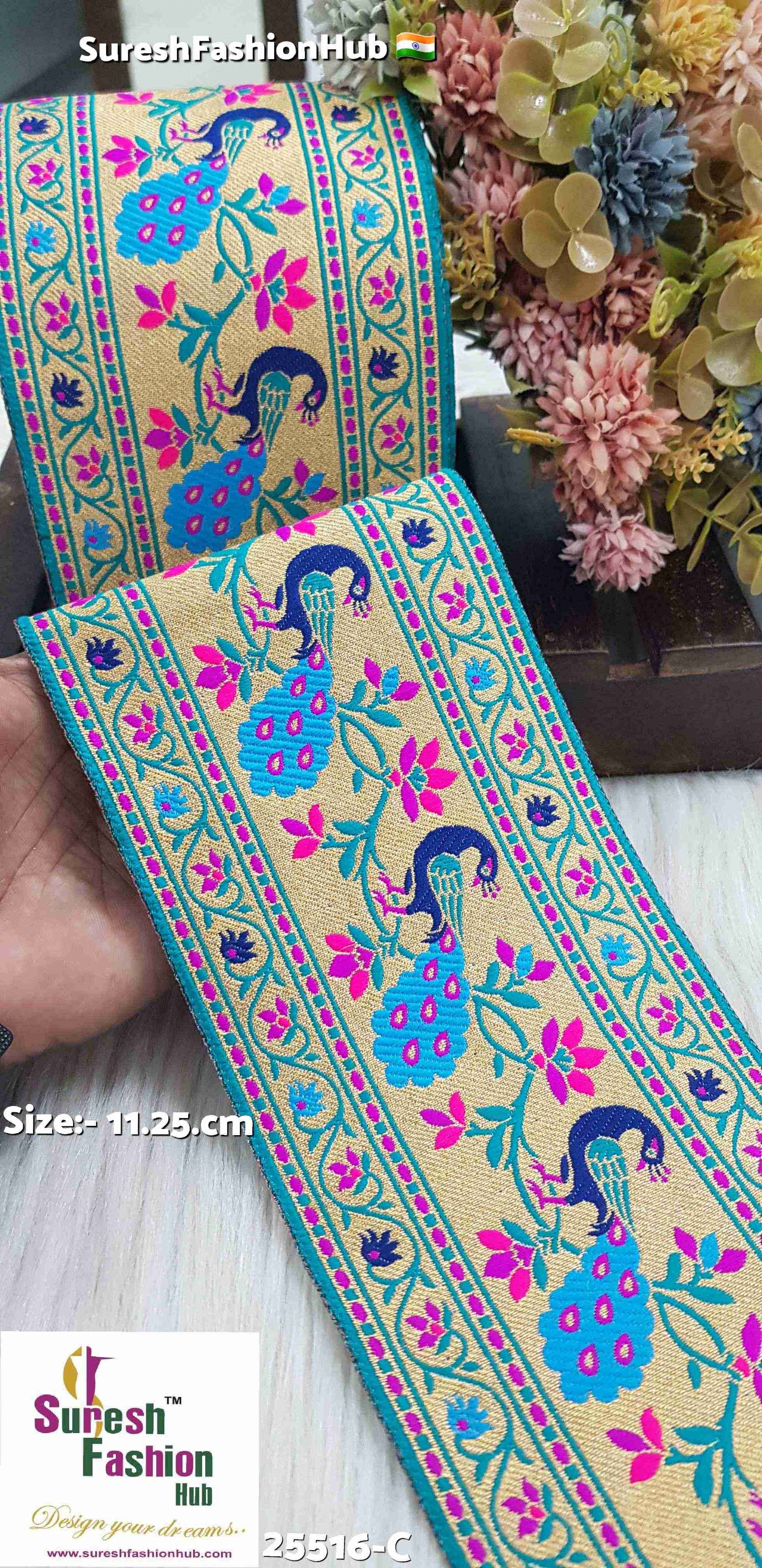 Peacock Floral Navy+Sky Blue  Border Lace
