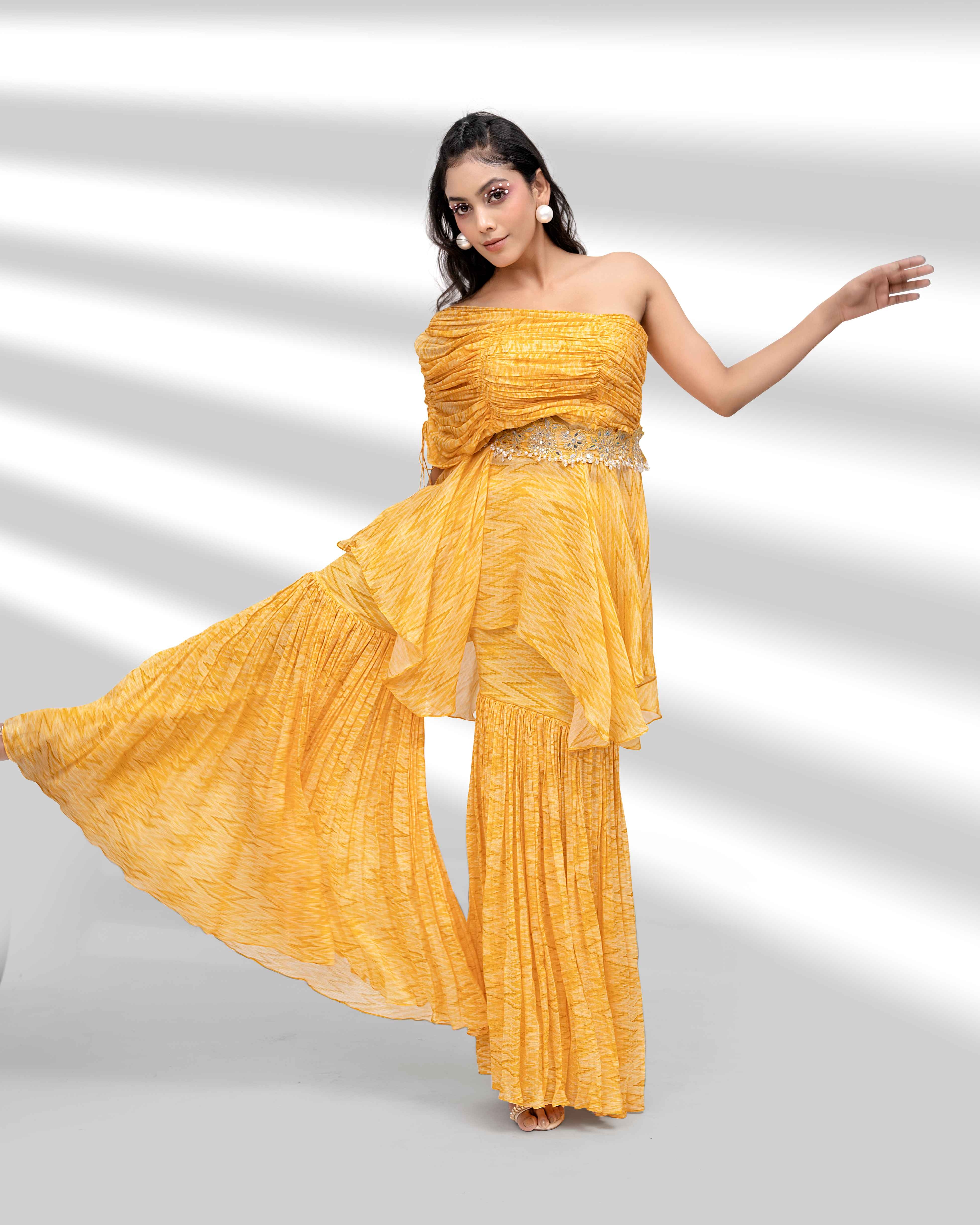 Yellow One Shoulder Ruched Sharara with an Embroidered Belt