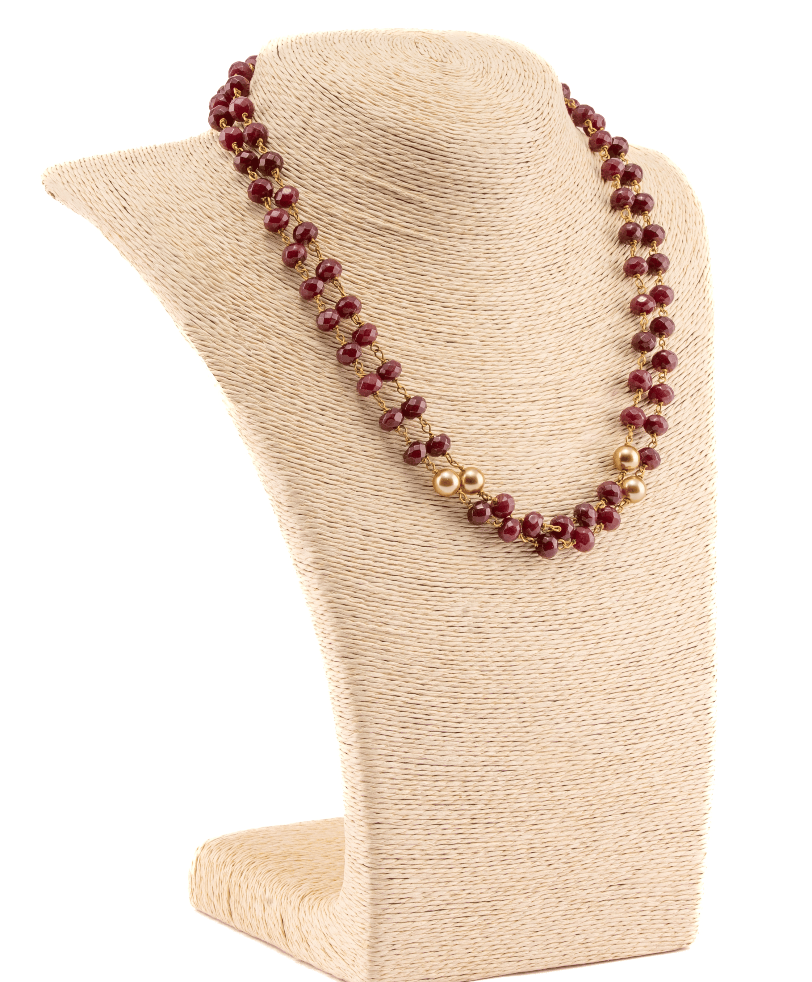 Double layered burgundy and golden shade pearl beads necklace