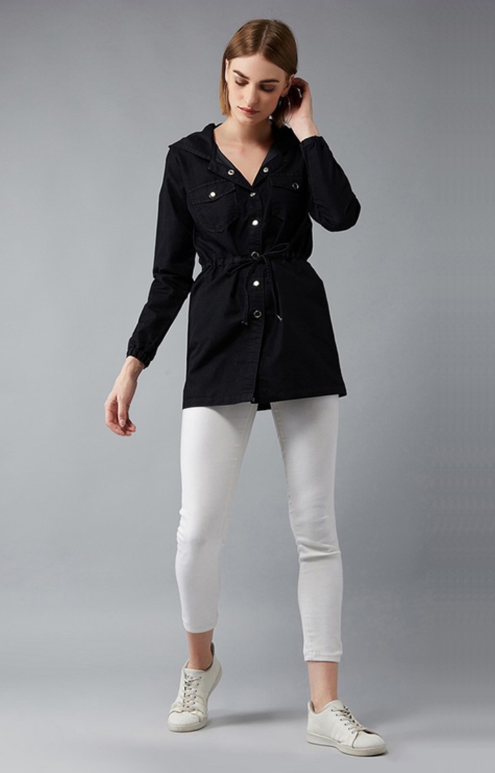 Women's Black Cotton Solid Denim Jacket
