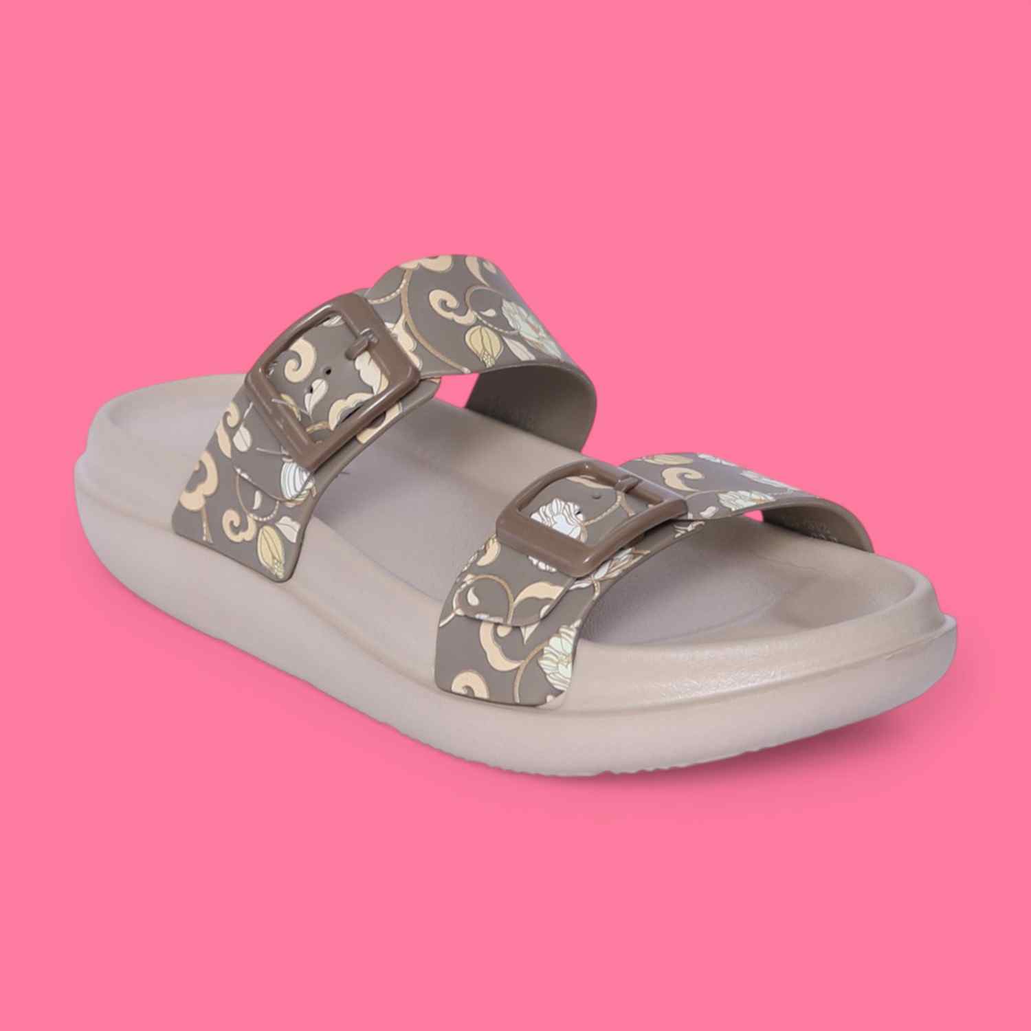 Women Light Grey Floral Print Two-Strap Sandal