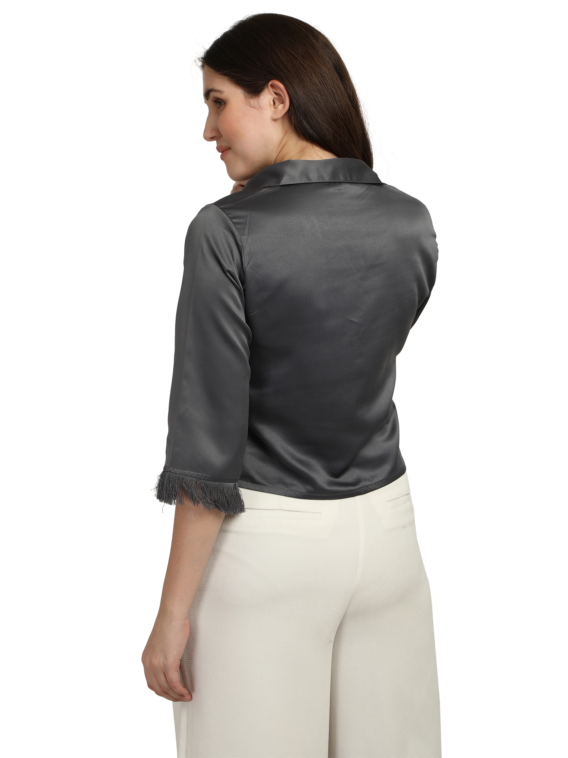 women's silk satin dark grey color button down tie up frill sleeves shirt.