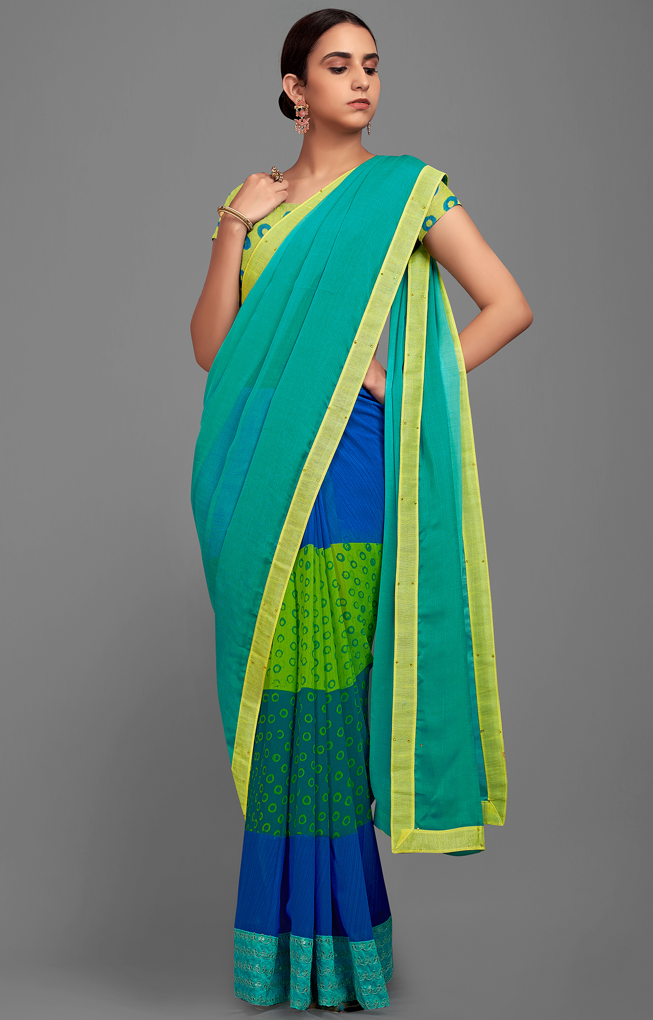 Women's Blue and Green Georgette Chiffon Blend Solid Printed Half N Half Saree-SHAMA6667SSSR004