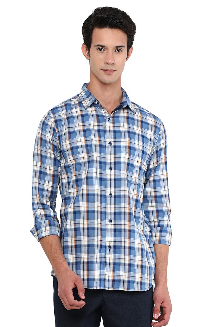 JadeBlue | Men's Blue Cotton Checked Semi Casual Shirts 0
