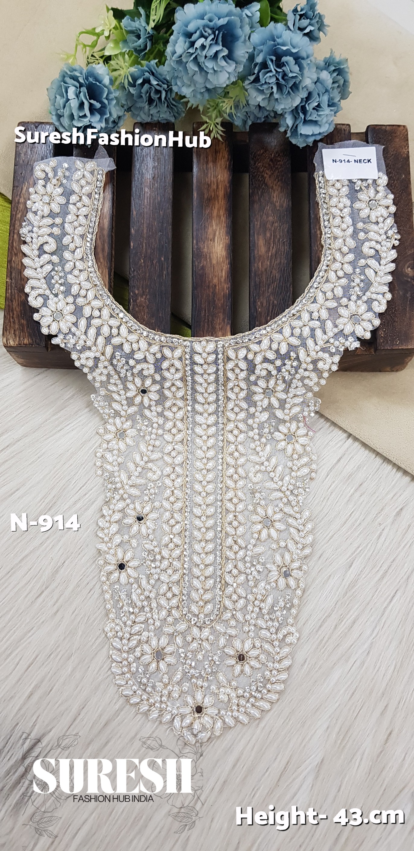 N-914 Off White Pearl Floral Organza Neck Design