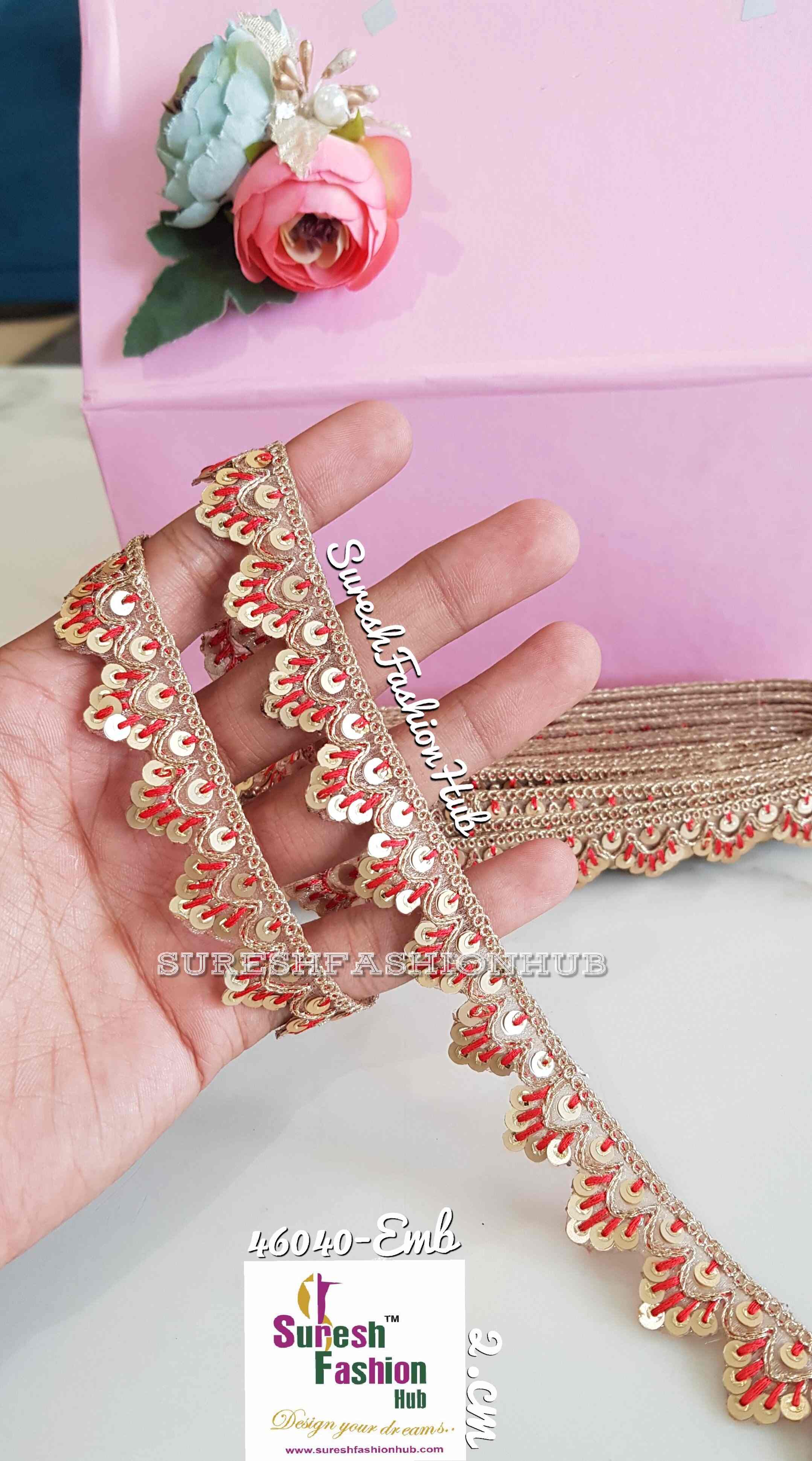 Red Gold Dori Embroidered Organza Lace