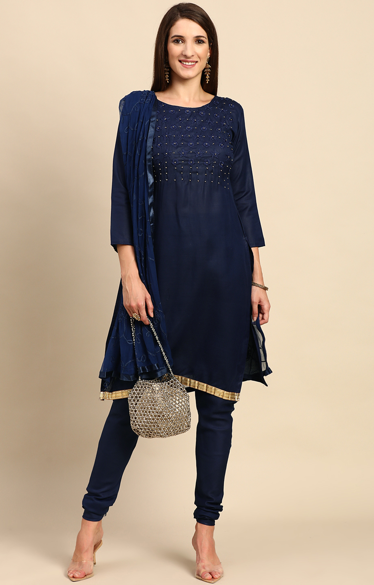 Shaily Women Navy Blue Color Cotton Embroidered With Pearl Unstitched Dress Material-VF_KRINA_NBLU_DM