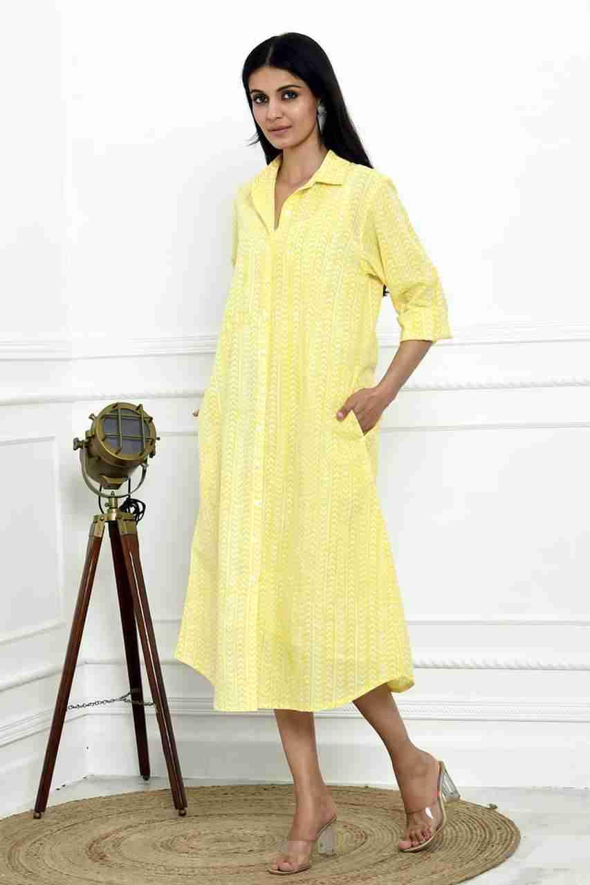 Naksh Yellow Orange Stripe Block Printed Long Shirt Kurta With Pockets