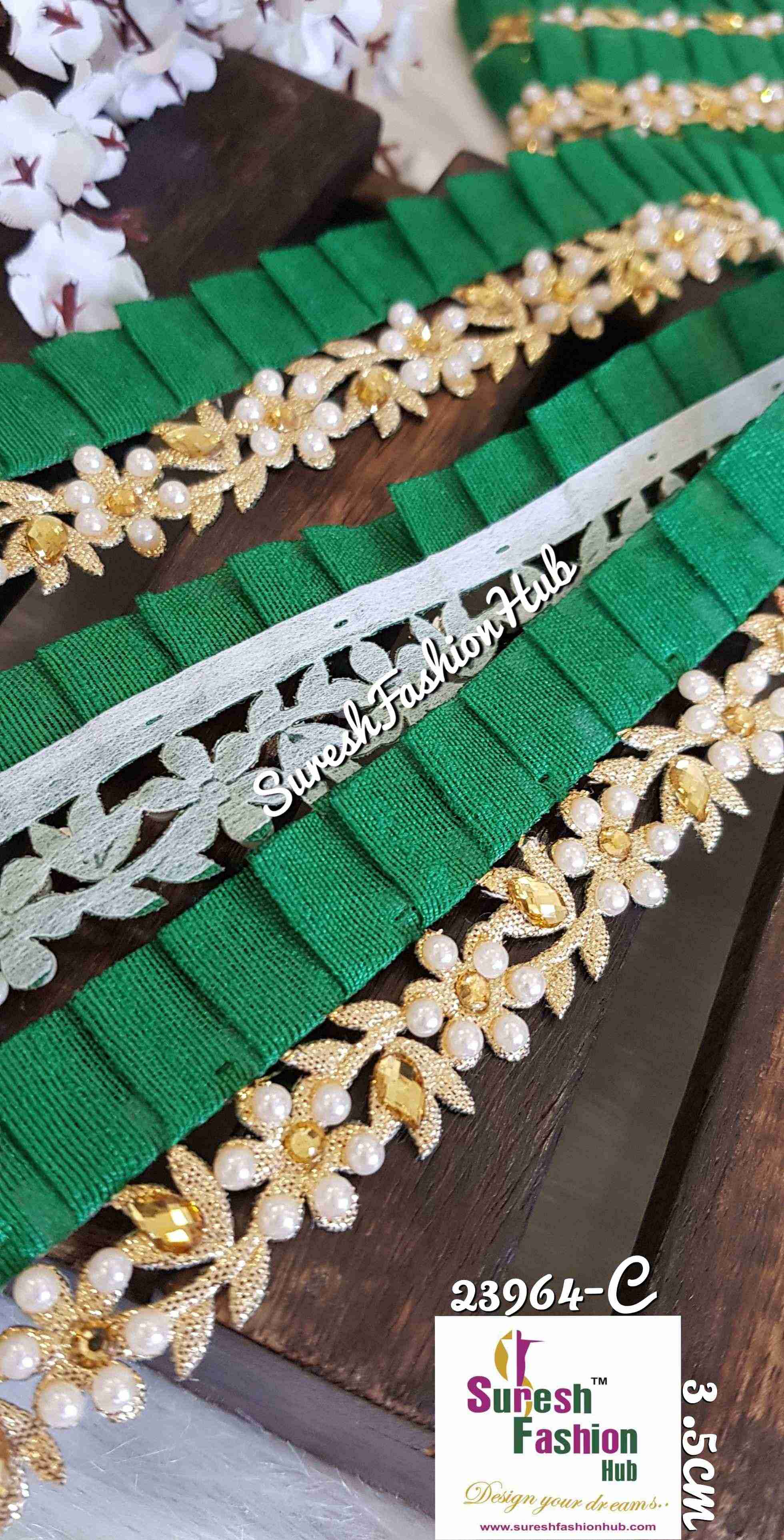 Designer Green Flowers Embellished Trim