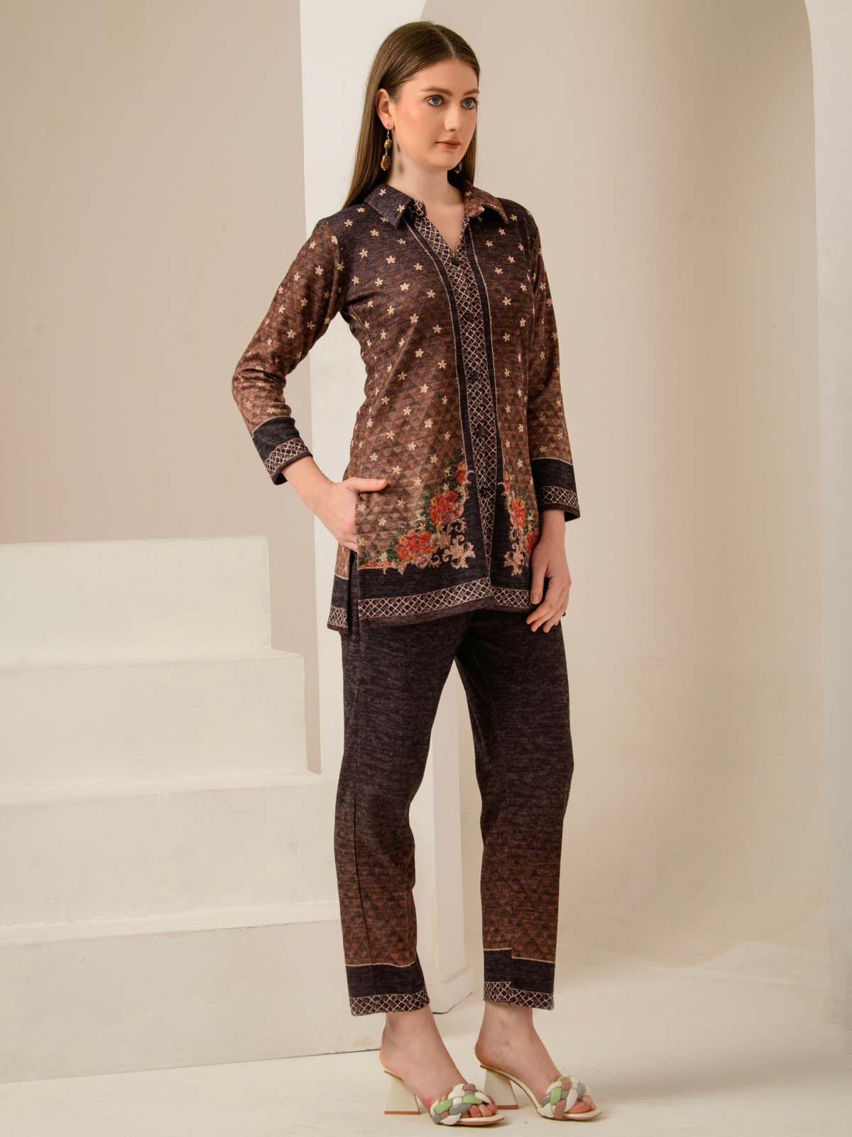 ALBION SMART BROWN LADIES WINTER WOOLEN COORDINATE SET