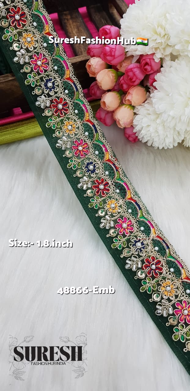 Bottle Green Floral Beads & Thread Embroidery Lace – 48866-EMB