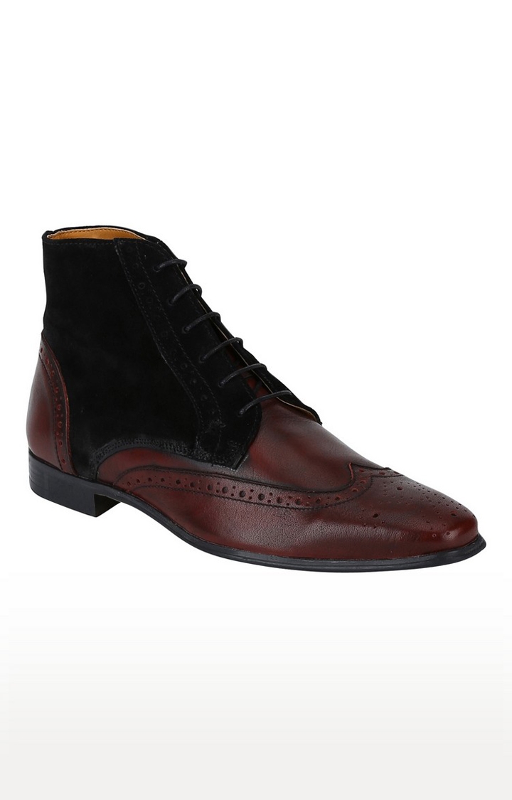DEL MONDO | Del Mondo Genuine Leather Bordo & Black Colour Lace Up Boots For Mens 0