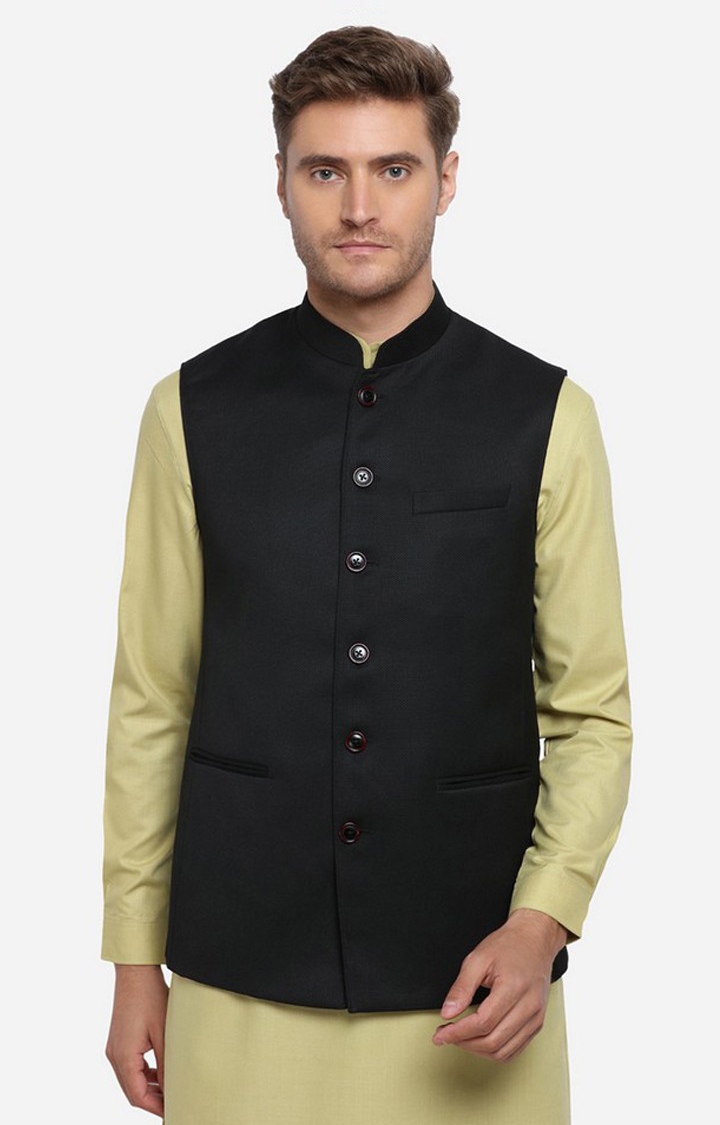 JadeBlue | Men's Black Rayon Textured Ethnic Jackets 0
