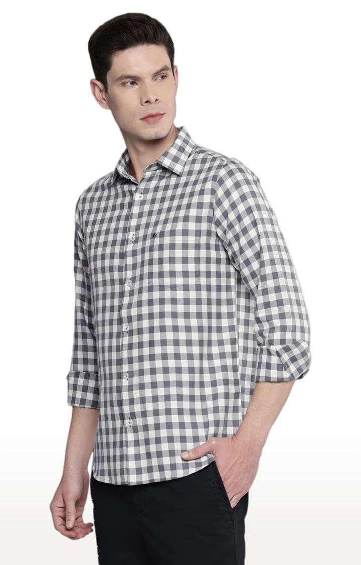 Men's Grey & White Cotton Checked Casual Shirt
