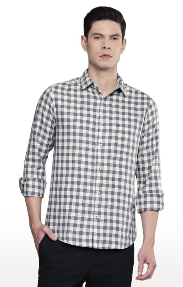 Men's Grey & White Cotton Checked Casual Shirt
