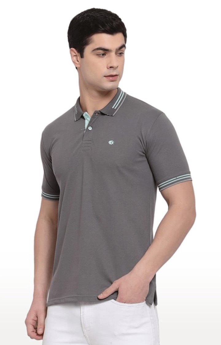 Men's Grey Cotton Solid Polo T-Shirt