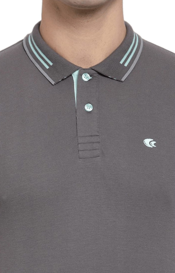Men's Grey Cotton Solid Polo T-Shirt