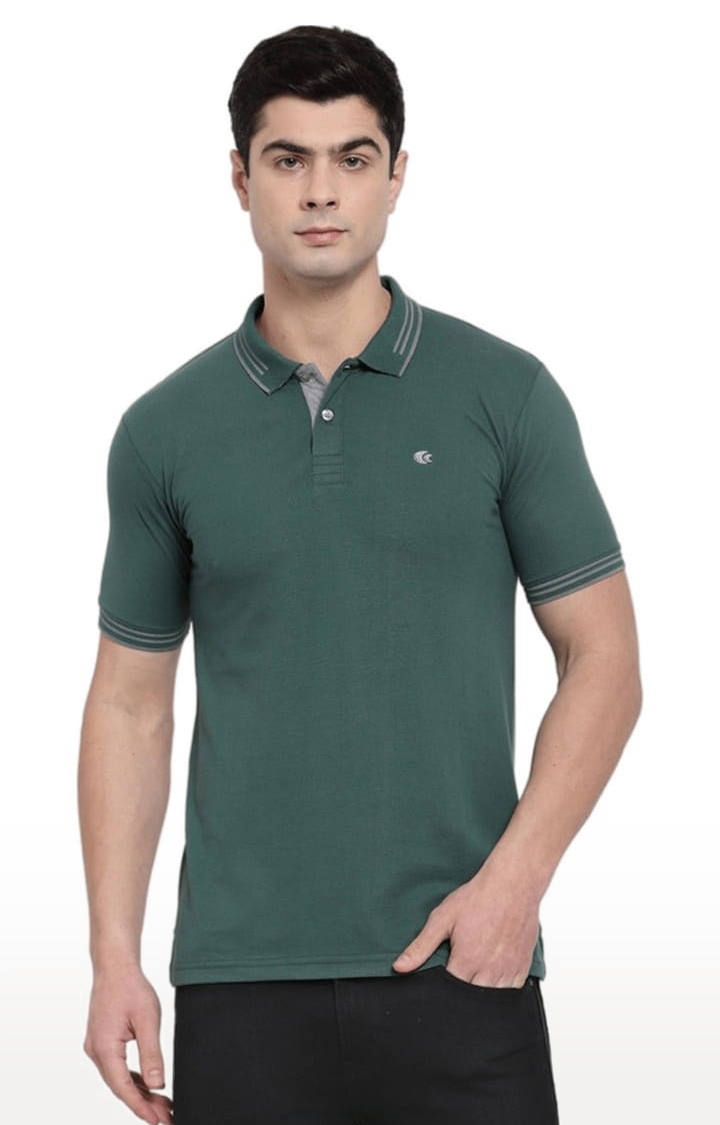 Allen Cooper | Men's Green Cotton Solid Polo T-Shirt 0