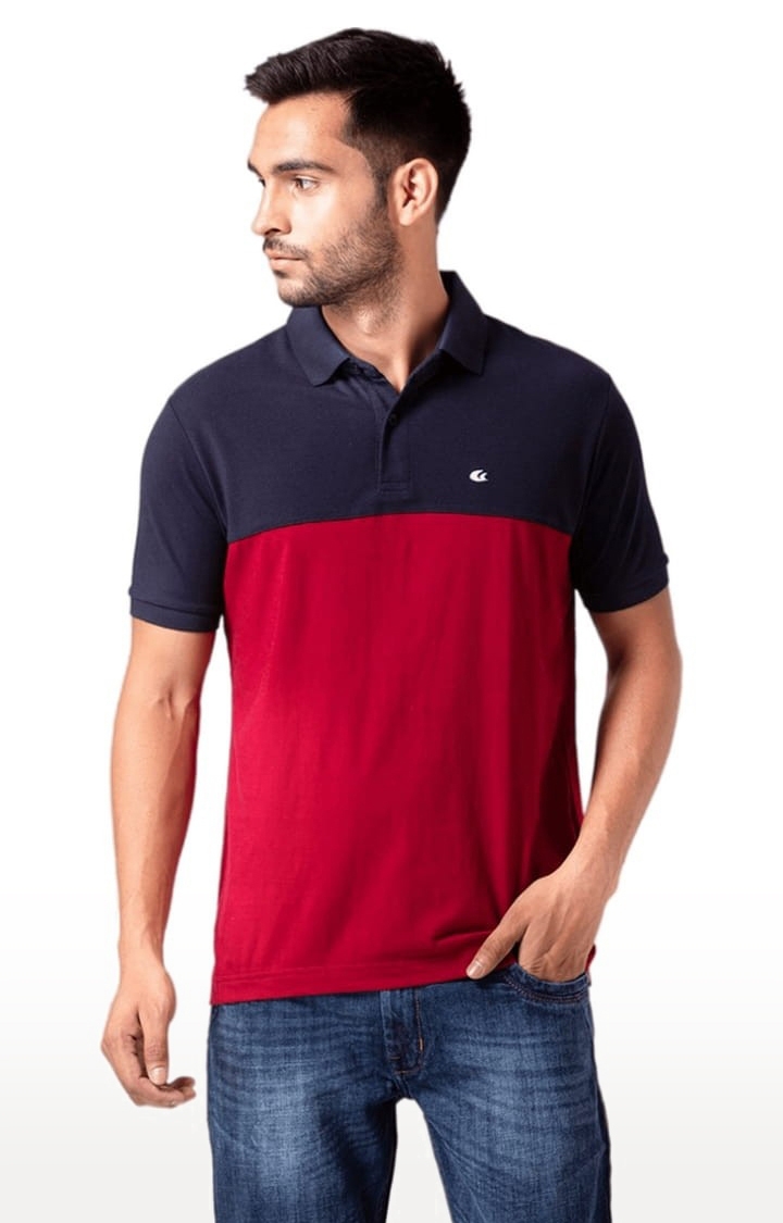 Allen Cooper | Men's Navy & Maroon Cotton Colourblock Polo T-Shirt 0