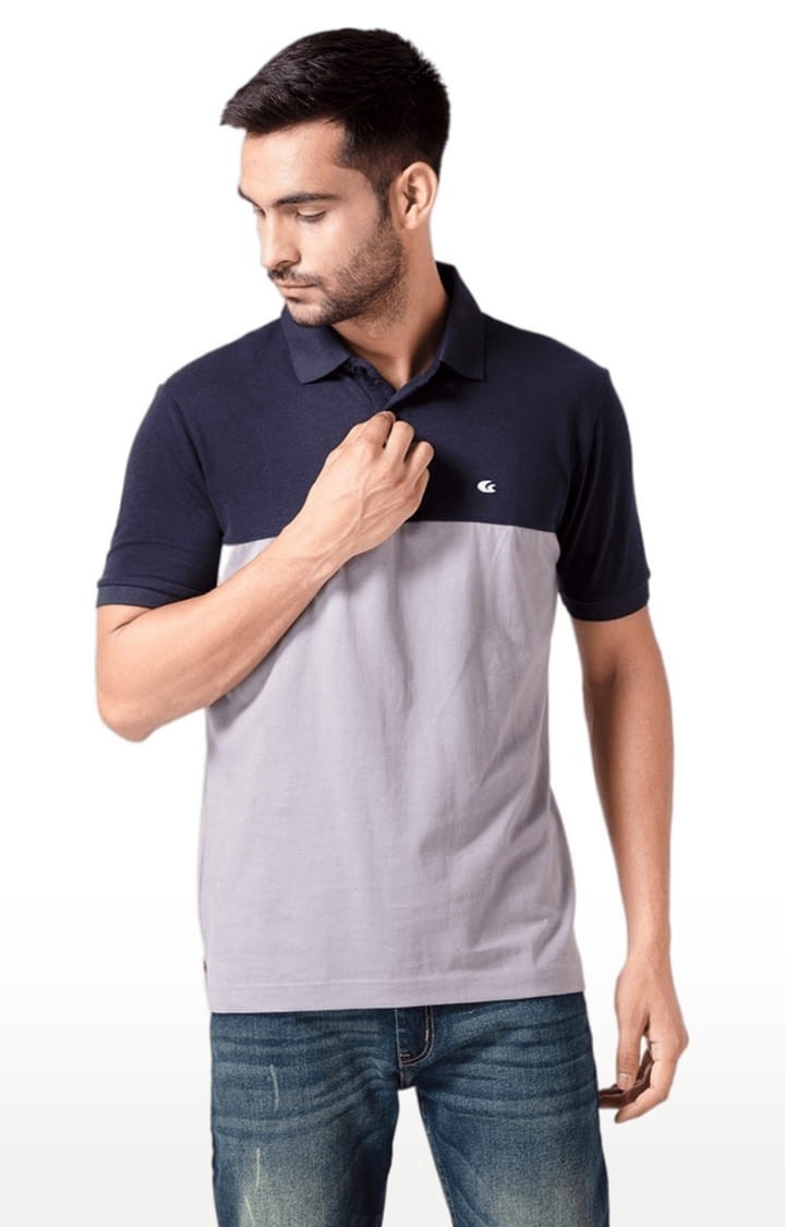 Allen Cooper | Men's Navy & Grey Cotton Colourblock Polo T-Shirt 0