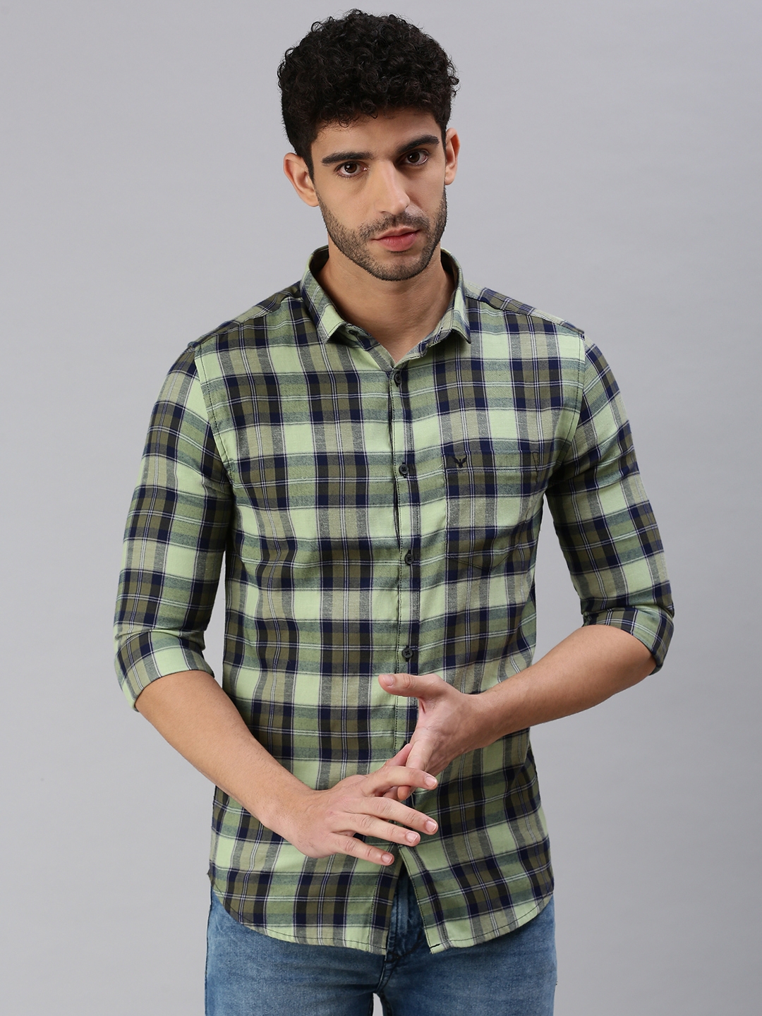 Showoff | SHOWOFF Men Green Checked Spread Collar Full Sleeves Casual Shirt 1