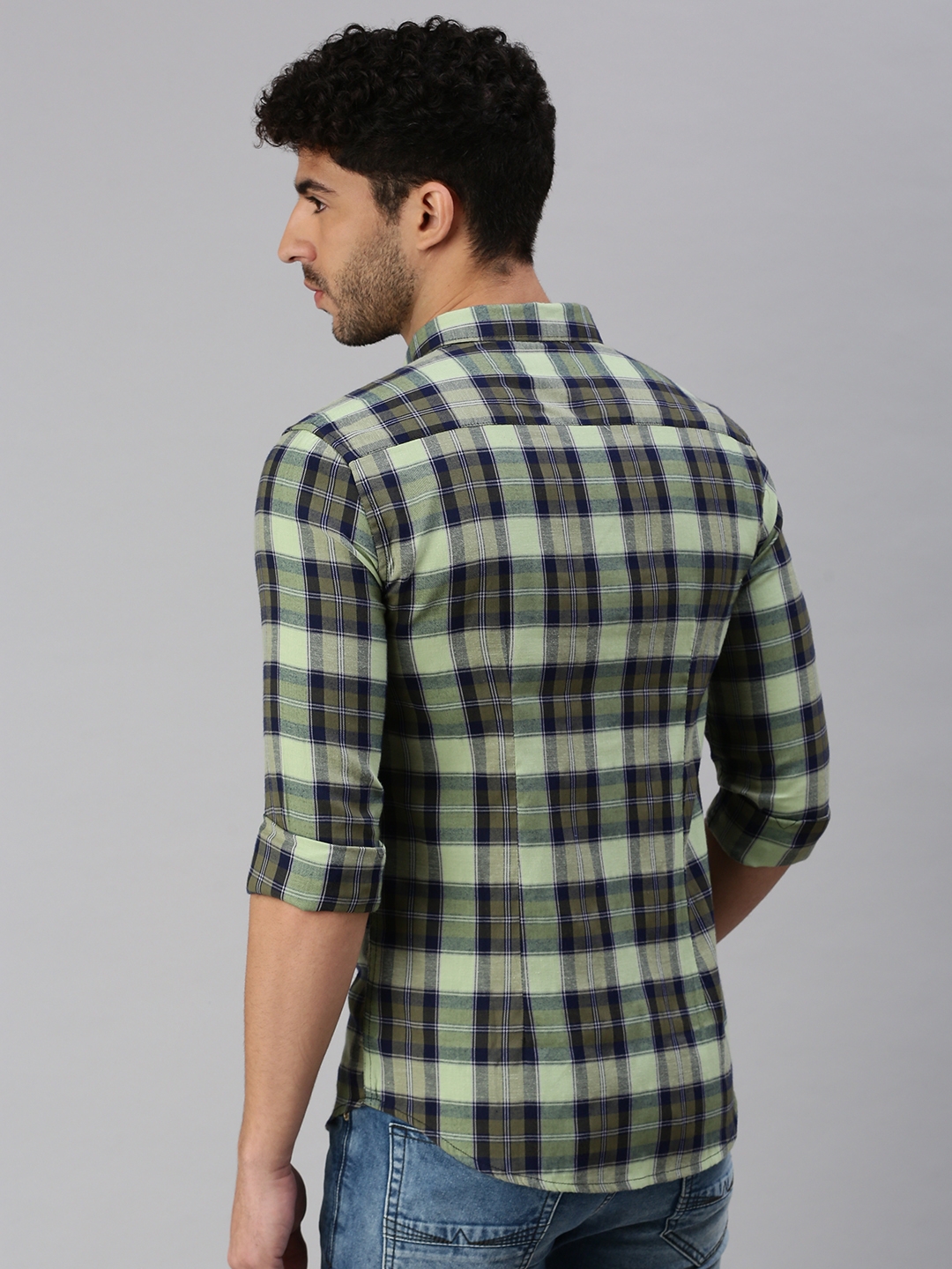 Showoff | SHOWOFF Men Green Checked Spread Collar Full Sleeves Casual Shirt 3