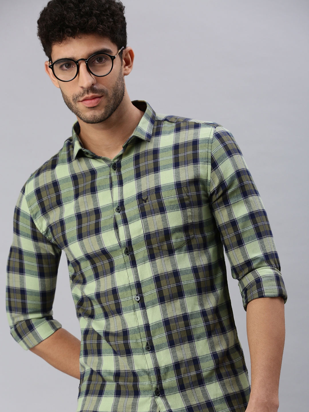 Showoff | SHOWOFF Men Green Checked Spread Collar Full Sleeves Casual Shirt 0