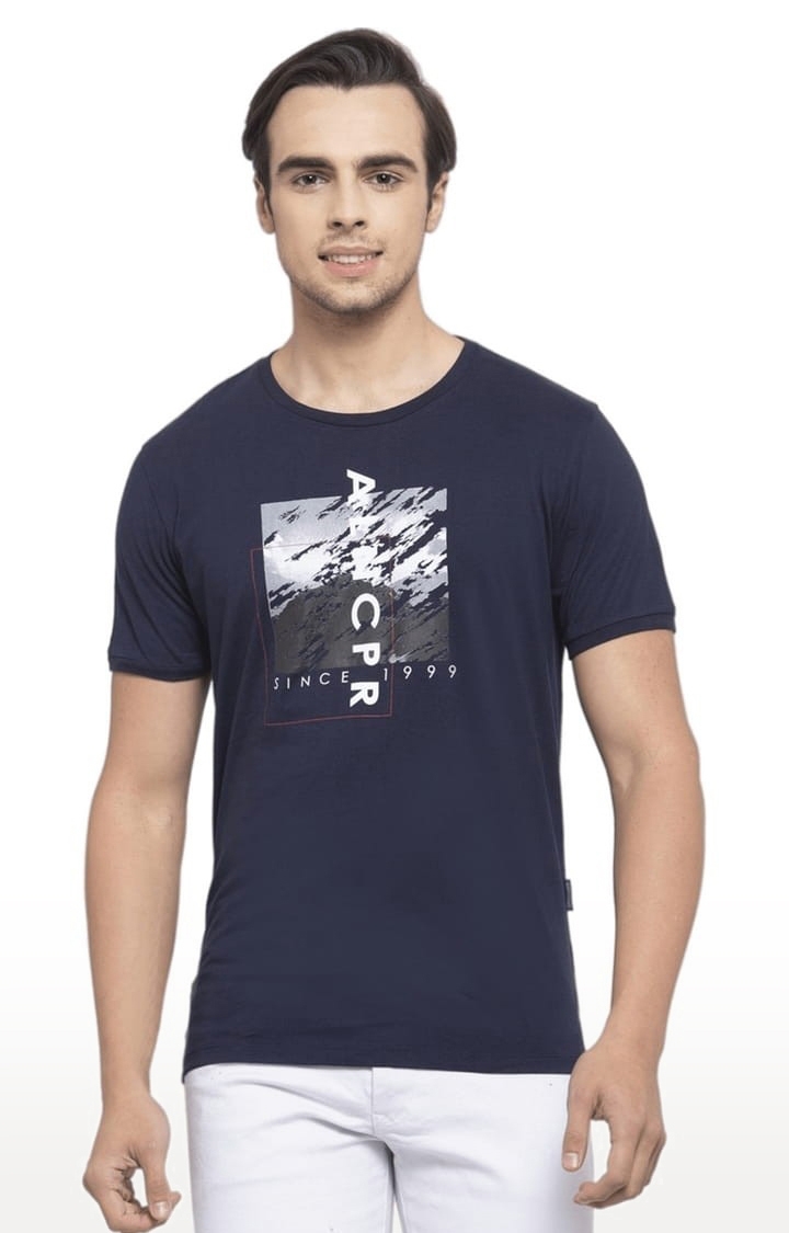 Allen Cooper | Men's Navy Cotton Printed Regular T-Shirt 0