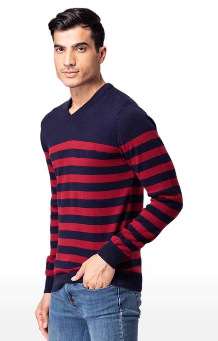 Allen Cooper | Men's Blue & Red Cotton Striped Sweater 2