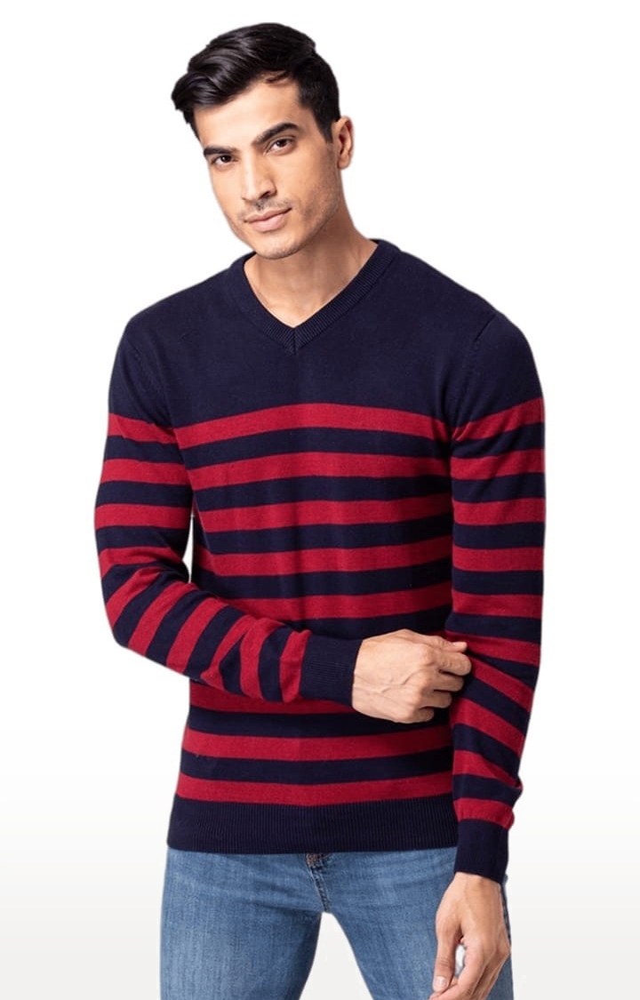 Allen Cooper | Men's Blue & Red Cotton Striped Sweater 0