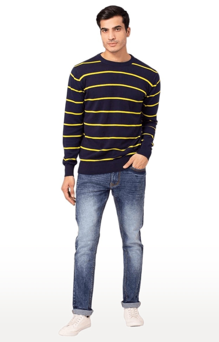 Men's Blue Cotton Striped Sweater