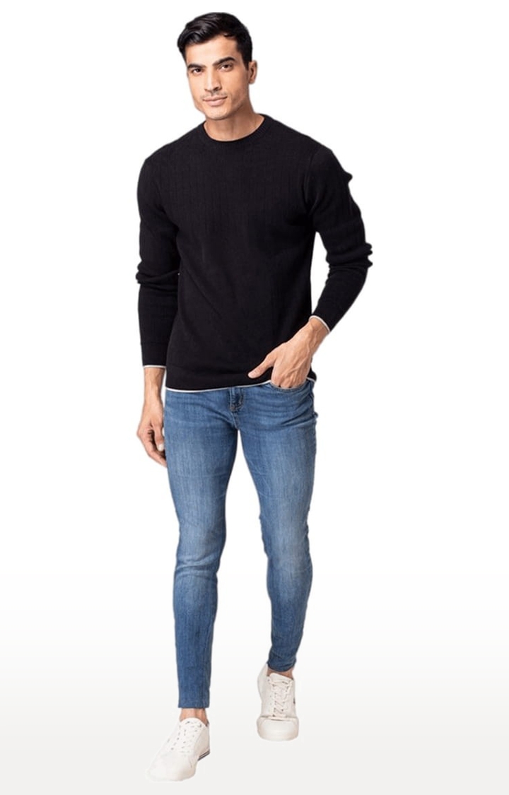 Allen Cooper | Men's Black Cotton Striped Sweater 1