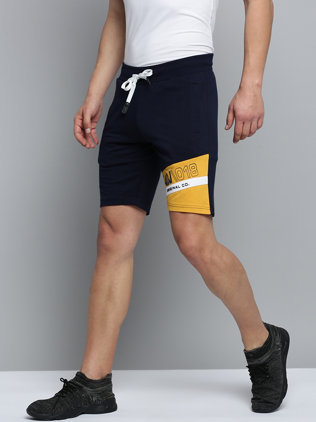 Showoff | SHOWOFF Men's Knee Length Colourblocked Navy Blue Mid-Rise Sports Shorts 1