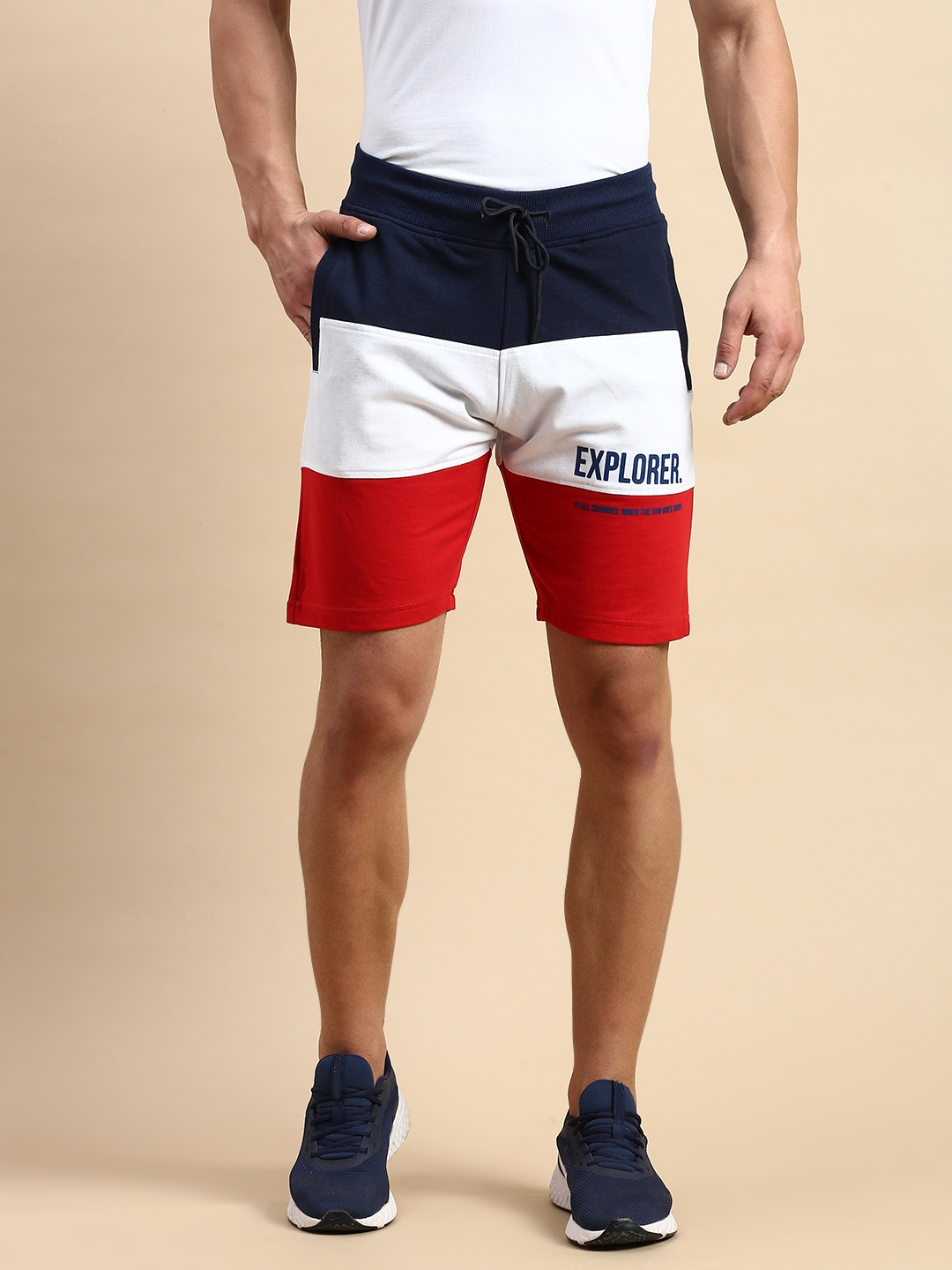 Showoff | SHOWOFF Men's Knee Length Colourblocked Navy Blue Mid-Rise Regular Shorts 0