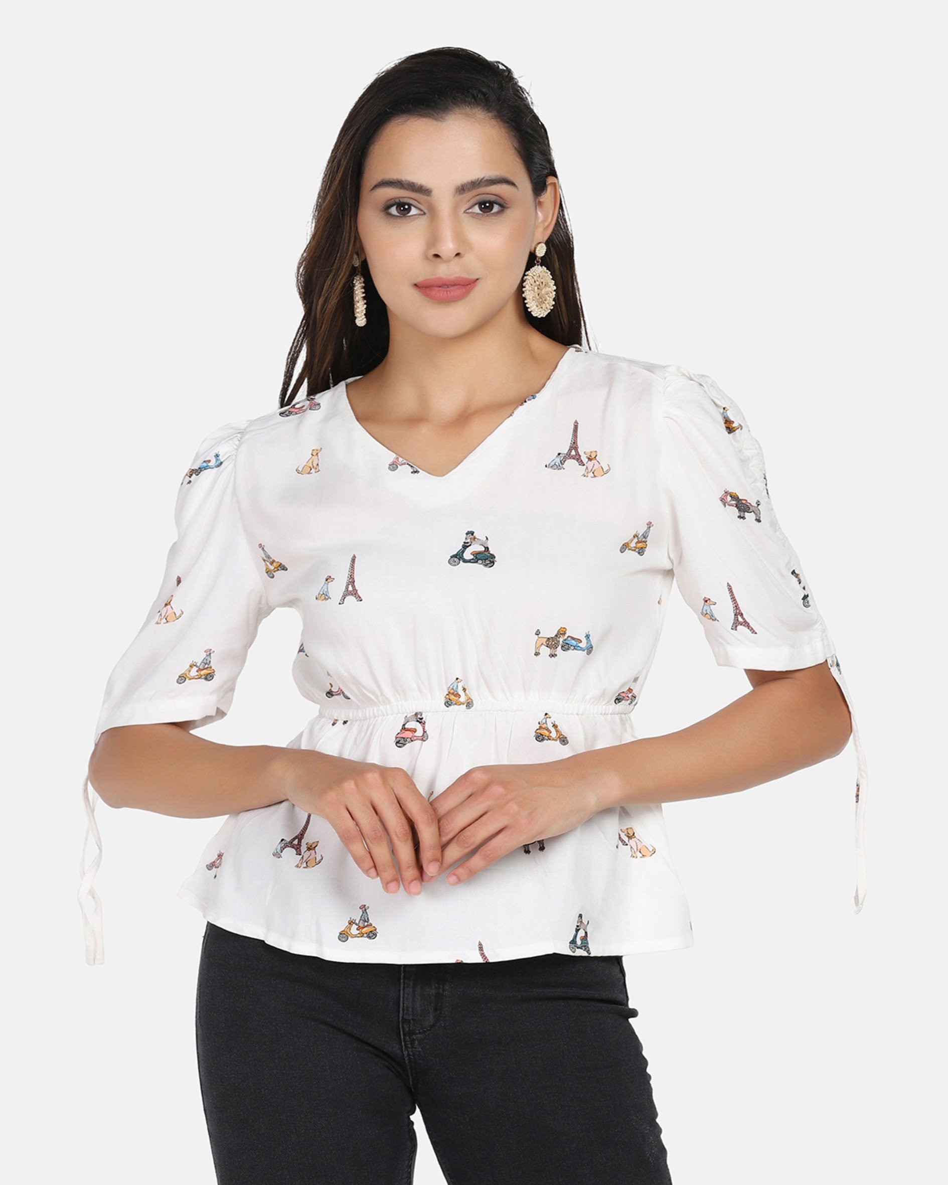 White Printed Rayon Top