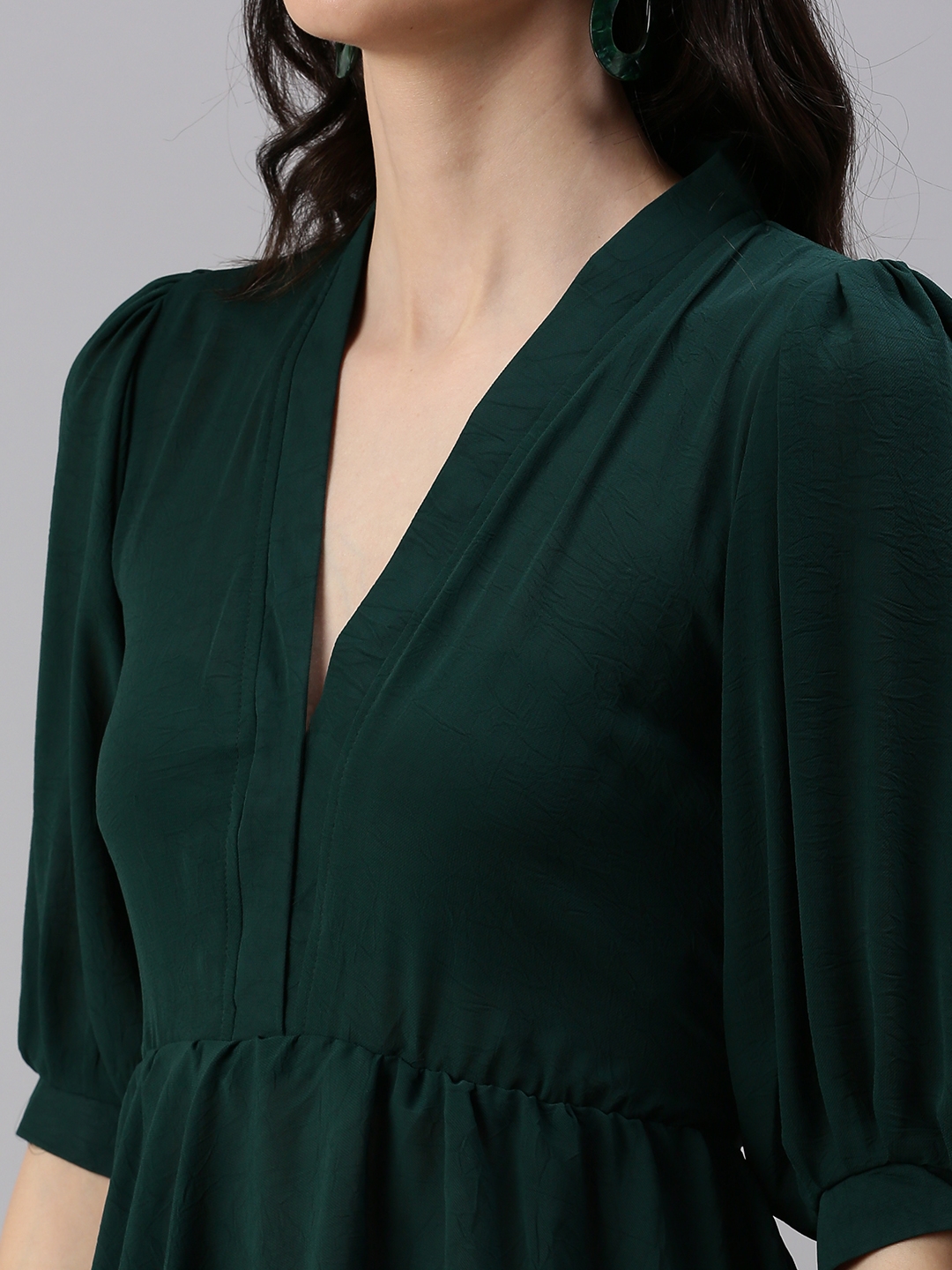 Showoff | SHOWOFF Women Green Solid V Neck Three-Quarter Sleeves Regular Peplum Top 5