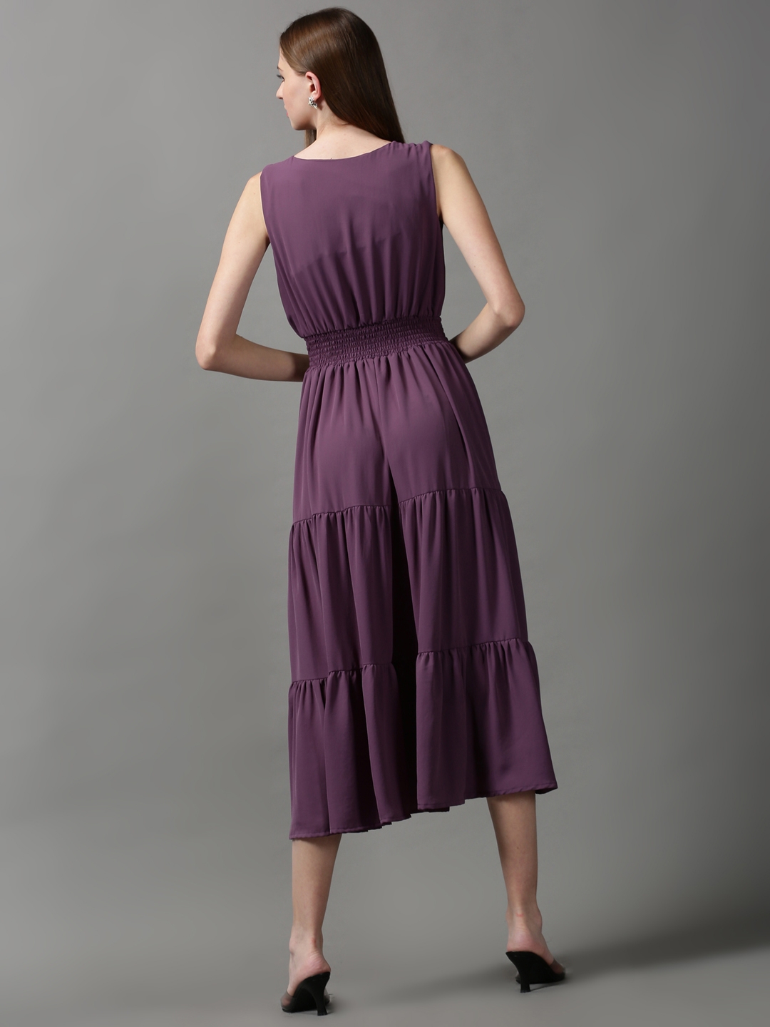 Showoff | SHOWOFF Women Violet Solid V Neck Sleeveless Maxi Fit and Flare Dress 3