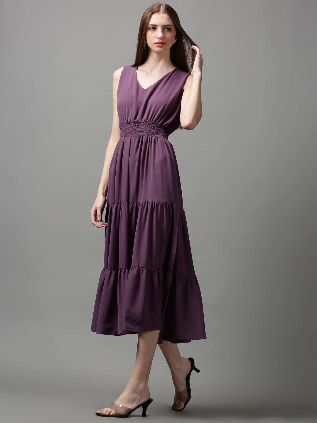 Showoff | SHOWOFF Women Violet Solid V Neck Sleeveless Maxi Fit and Flare Dress 2