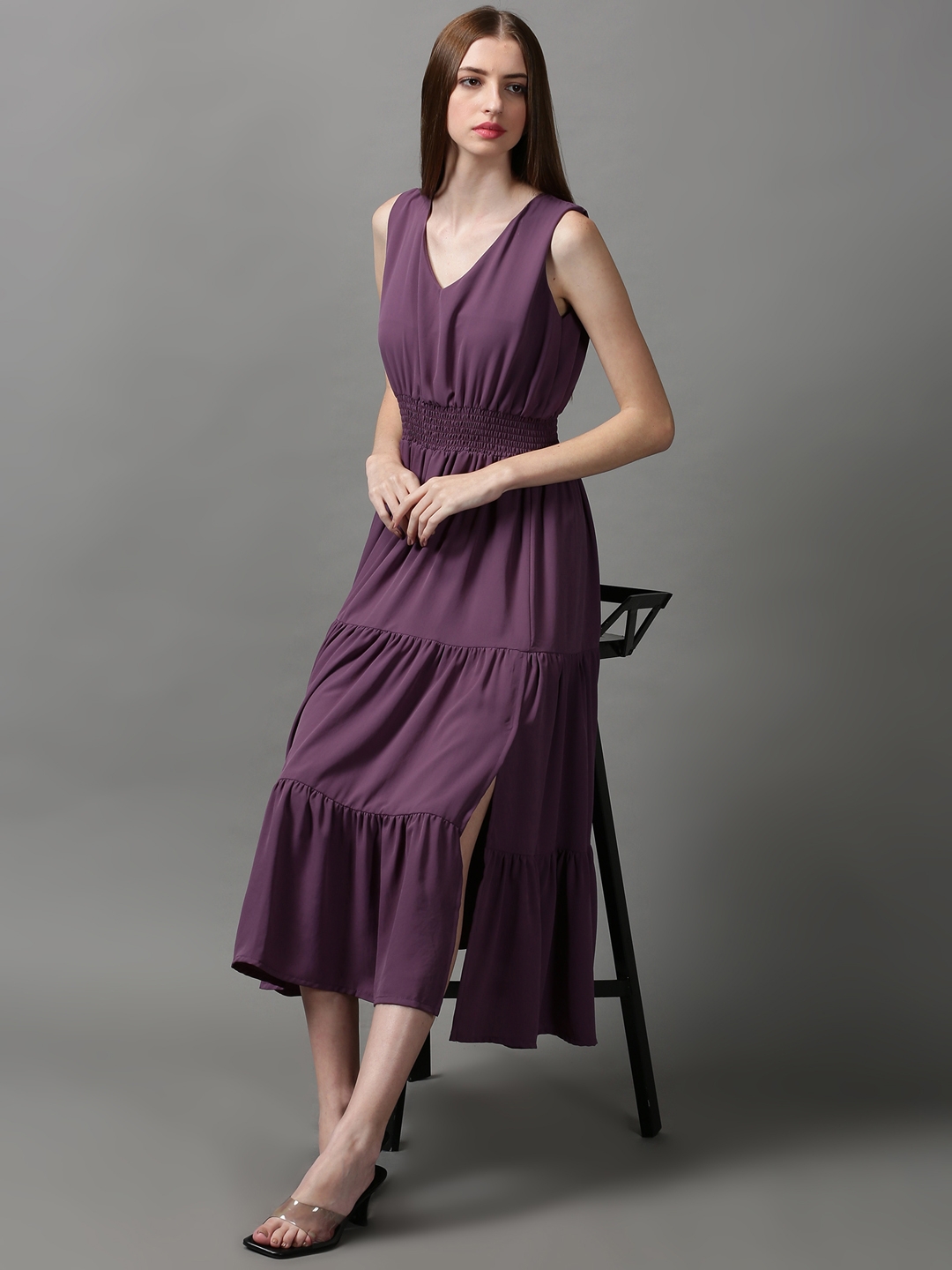 Showoff | SHOWOFF Women Violet Solid V Neck Sleeveless Maxi Fit and Flare Dress 4