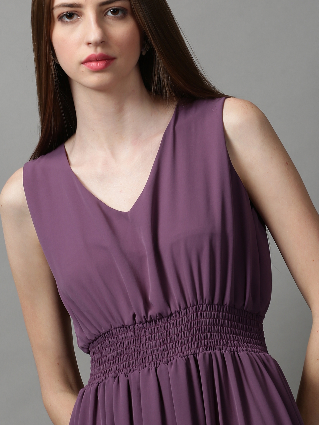 Showoff | SHOWOFF Women Violet Solid V Neck Sleeveless Maxi Fit and Flare Dress 5