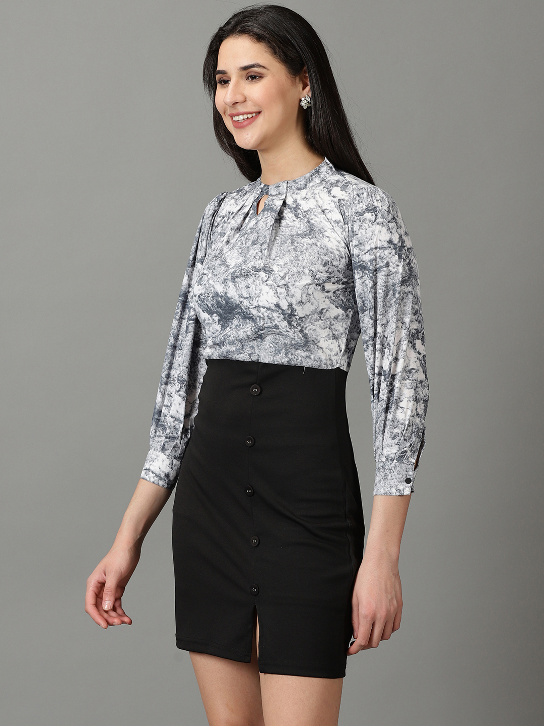 SHOWOFF Women's High Neck Printed Above Knee Black Dress