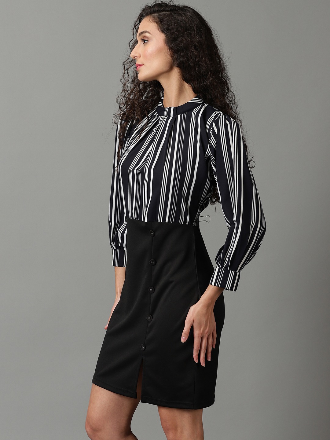 SHOWOFF Women's High Neck Striped Above Knee Black Dress