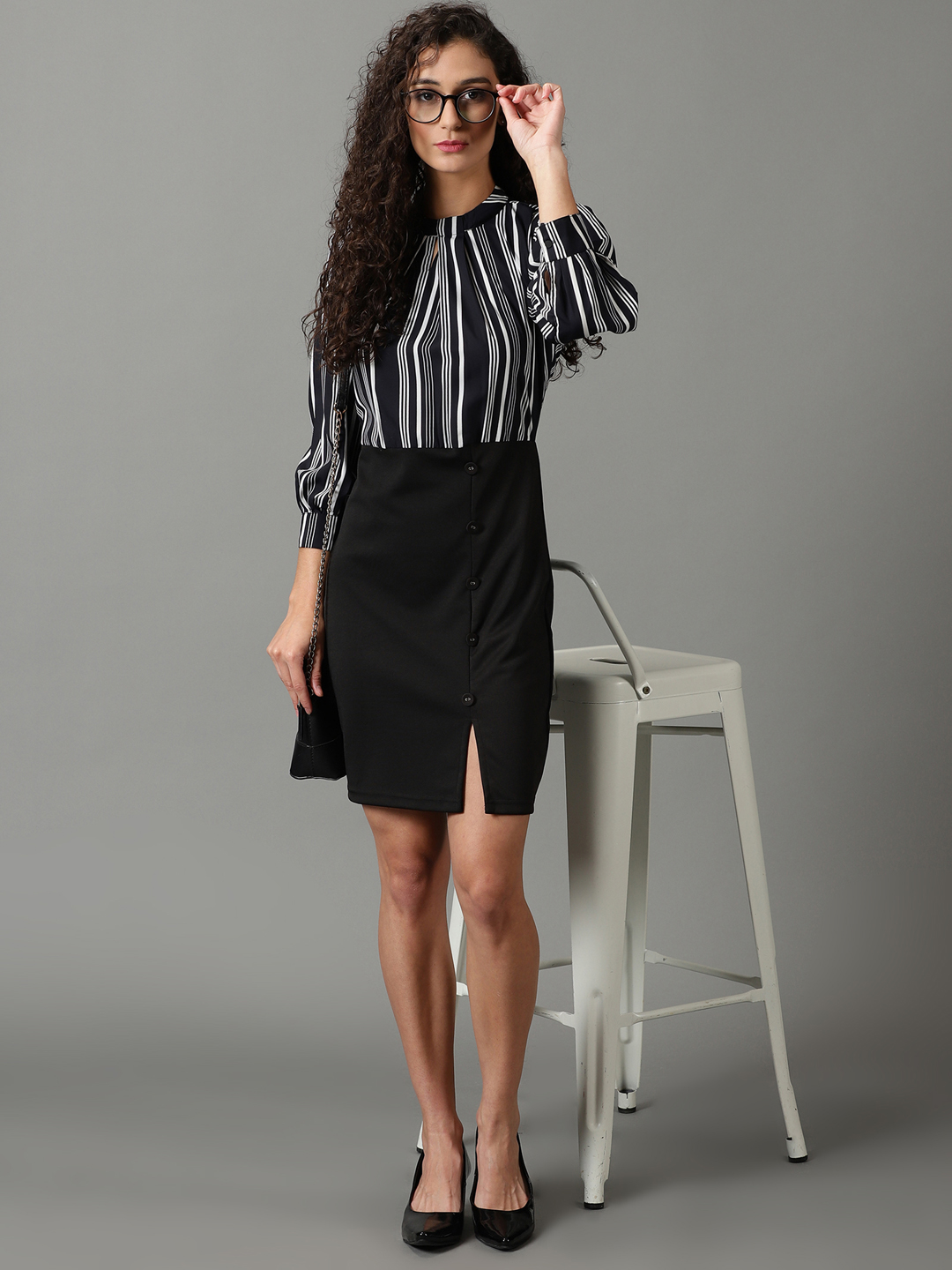 SHOWOFF Women's High Neck Striped Above Knee Black Dress