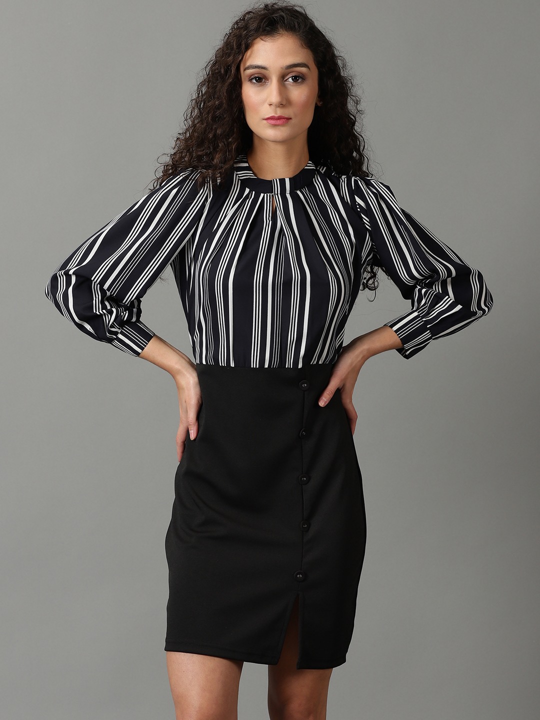 SHOWOFF Women's High Neck Striped Above Knee Black Dress