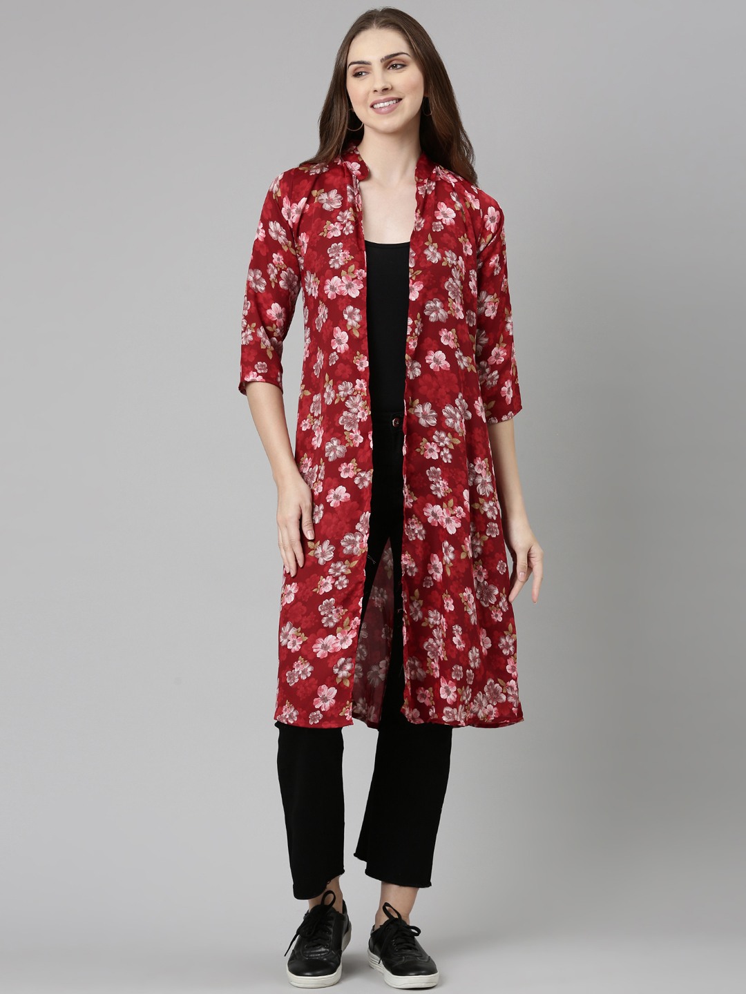 SHOWOFF Women's Printed Long Sleeves Longline Open Front Maroon Shrug