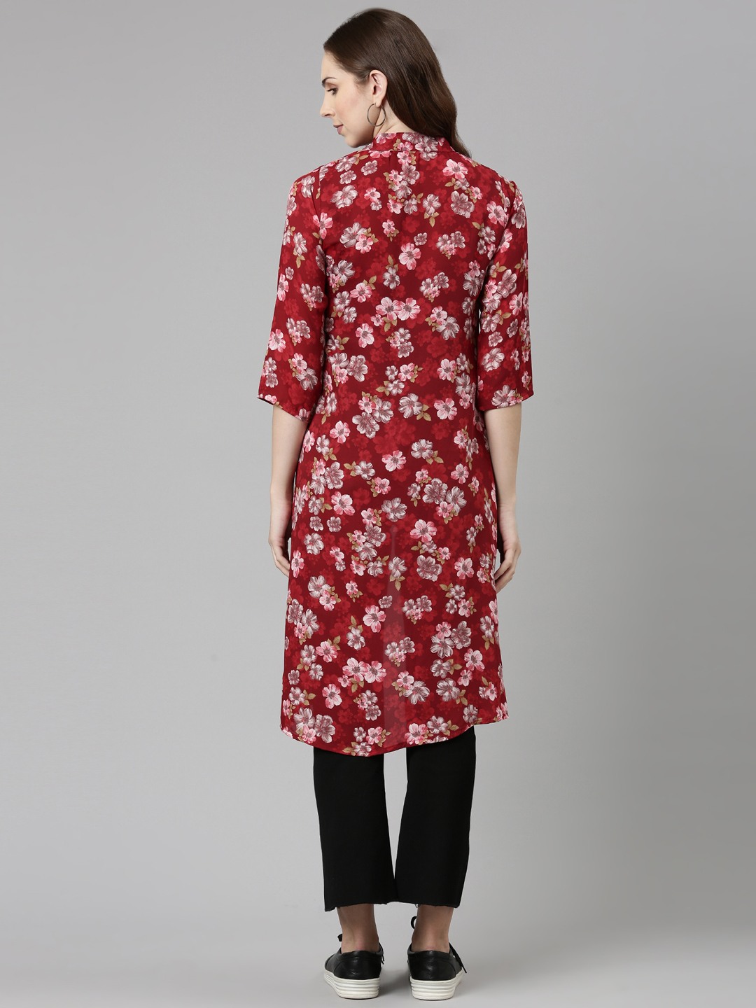 SHOWOFF Women's Printed Long Sleeves Longline Open Front Maroon Shrug