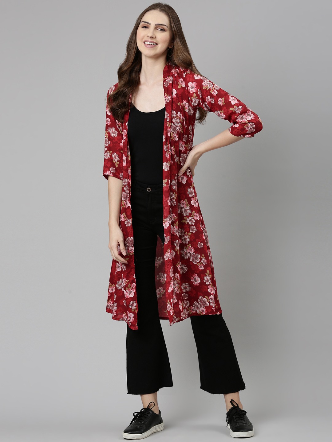 SHOWOFF Women's Printed Long Sleeves Longline Open Front Maroon Shrug