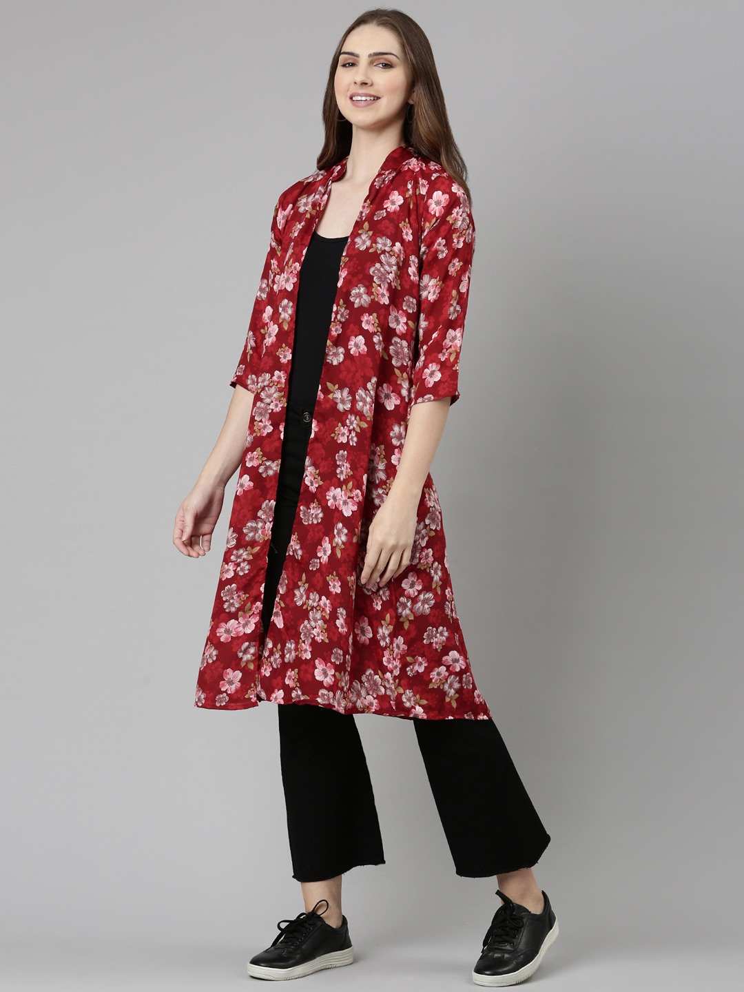 SHOWOFF Women's Printed Long Sleeves Longline Open Front Maroon Shrug