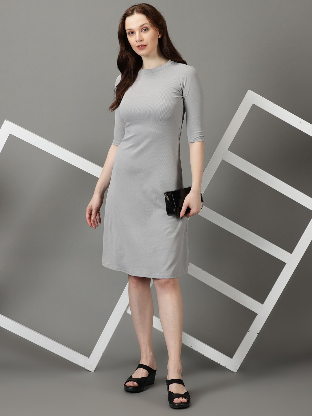 SHOWOFF Women's High Neck Solid Knee Length Grey Dress